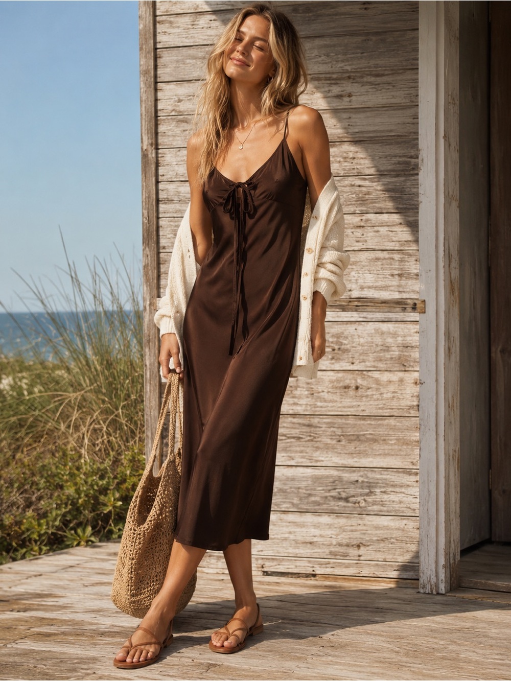 Aerie Chocolate Brown Viscose Tie-Front Midi Slip Dress
